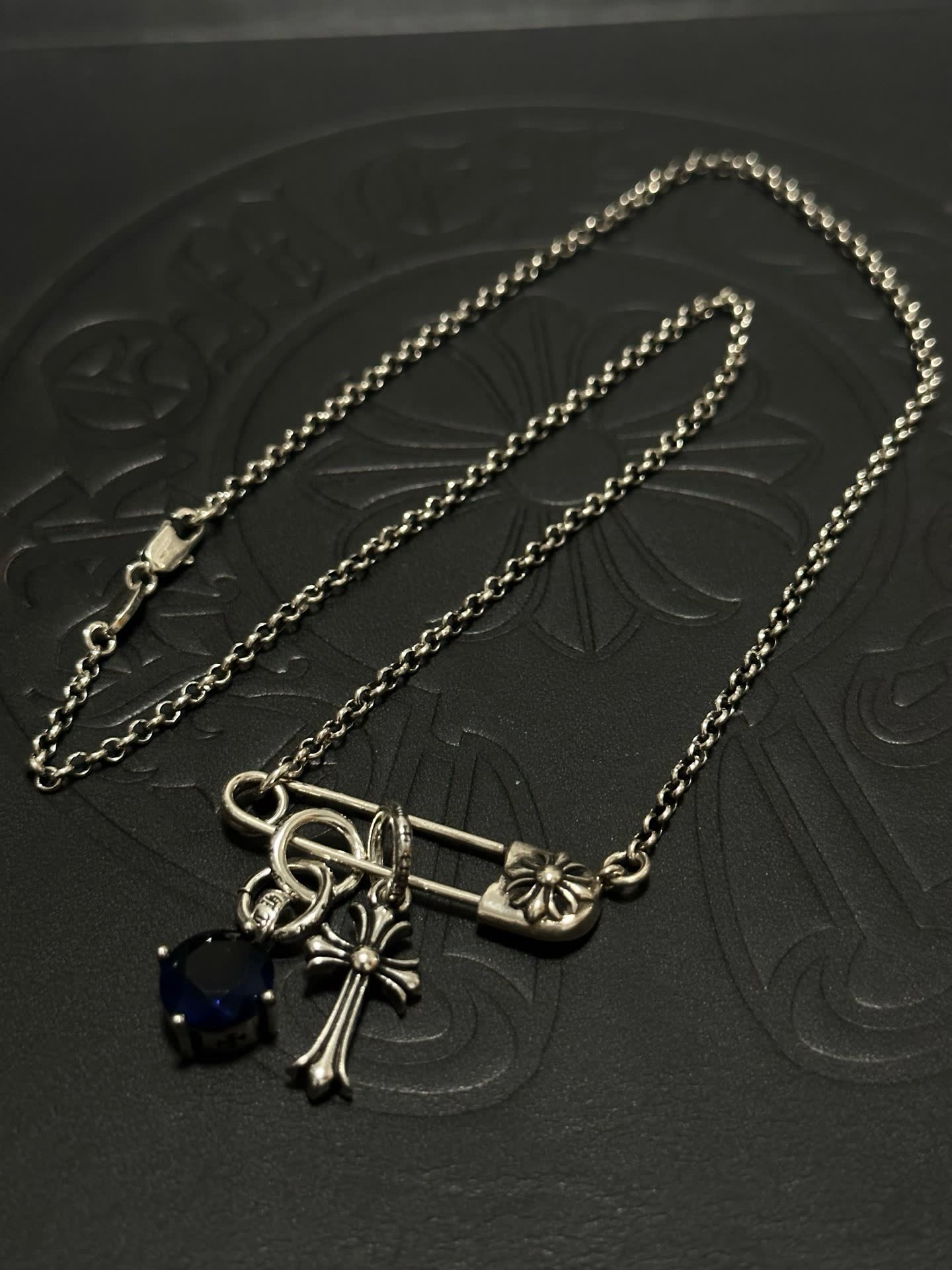 Chrome Hearts Silver Cross and Lock Charm Necklace with Blue Gemstone